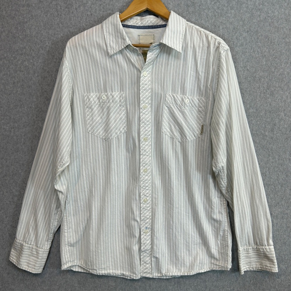 Horny Toad Shirt White Blue Striped Organic Cotton Button Down Casual Mens Large